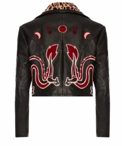 Momma's Blues Dragon Black Leather Appliqué Jacket With Leopard Print Lapels
