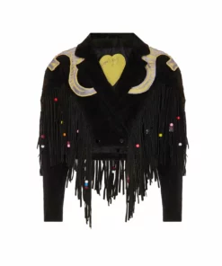 Momma's Blues Egyptian Cat Black Leather Suede Jacket With Fringing And Pony Beads
