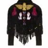 Momma's Blues Egyptian Cat Black Leather Suede Jacket With Fringing And Pony Beads