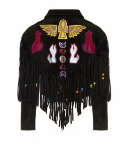 Momma's Blues Egyptian Cat Black Leather Suede Jacket With Fringing And Pony Beads