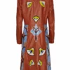 Momma's Blues Chestnut Brown Long Leather Coat With Lotus Flowers
