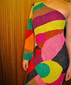 Ashish Sequin Long Asymmetric Abstract Dress