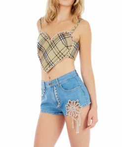 Area Crystal Trim Tartan Heart Top