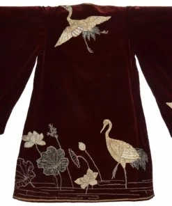 Annie's Archive 1910 Burgundy Velvet Robe Kimono With Embroidered Cranes And Lily Pads