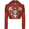 Momma's Blues Chestnut Brown Leather Cropped Jacket With Lotus Flowers
