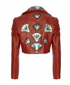 Momma's Blues Chestnut Brown Leather Cropped Jacket With Lotus Flowers