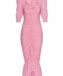 Alessandra Rich Pink Polka Dot Silk Ruched Dress