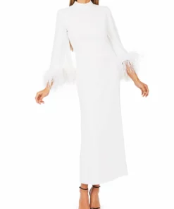 De La Vali Gloria White Feathered Maxi Dress