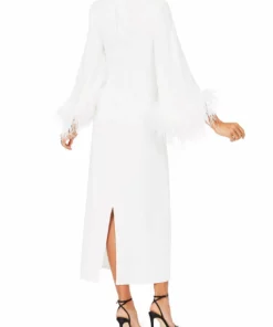De La Vali Gloria White Feathered Maxi Dress