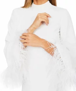 De La Vali Gloria White Feathered Maxi Dress