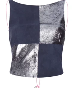 Momma's Blues Checked Suede Leather Top With Pink String Ties And Heart Charms