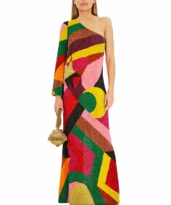 Ashish Sequin Long Asymmetric Abstract Dress