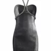 Area Silver Crystal Rope Halter Dress