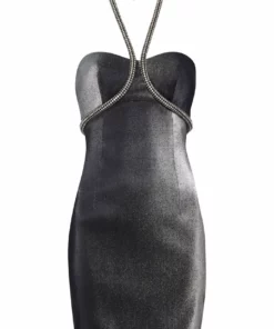 Area Silver Crystal Rope Halter Dress