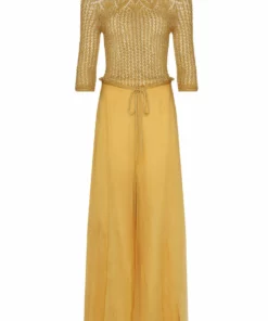 Annie's Archive 1970s Mustard Crochet And Crepe De Chine Jumpsuit