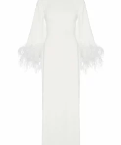 De La Vali Gloria White Feathered Maxi Dress