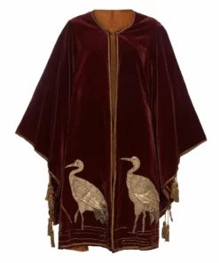 Annie's Archive 1910 Burgundy Velvet Robe Kimono With Embroidered Cranes And Lily Pads