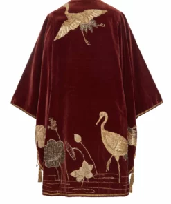 Annie's Archive 1910 Burgundy Velvet Robe Kimono With Embroidered Cranes And Lily Pads