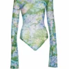 Richard Quinn Monet Mesh Flared Sleeves Bodysuit