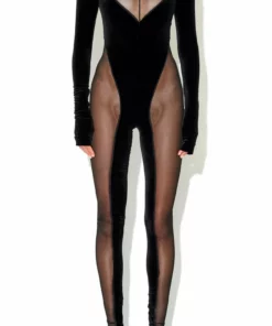 Laquan Smith Off Shoulder Velvet & Sheer Catsuit